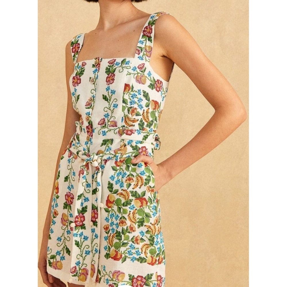 Farm Rio Tropical Romance Romper Medium White Floral Linen Cottagecore Summer